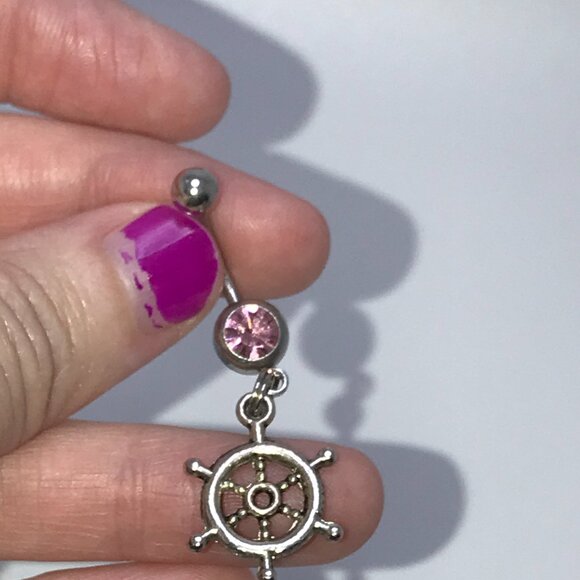 Pink Gem Nautical Wheel Design Dangle Belly Ring - Picture 2 of 12